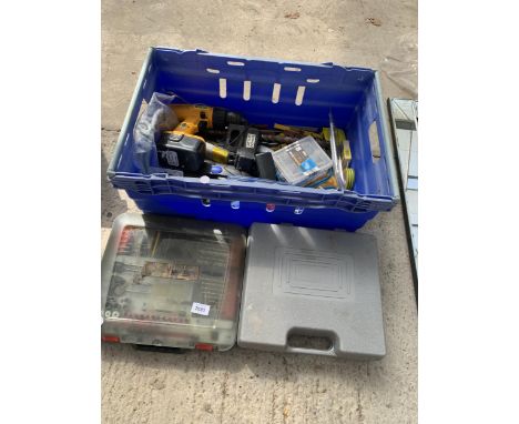 AN ASSORTMENT OF TOOLS AND HARDWARE TO INCLUDE A CORDLESS SCREWDRIVER, SPANNERS AND DRILL BITS ETC