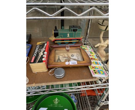AN ASSORTMENT OF ITEMS TO INCLUDE DOMINOES, A FISHING COLLAGE AND A DISNEY SLIDE GAME ETC