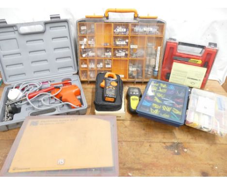 Selection of electrical related items that include solder gun, heat shrinks, Proster digital clamp meter, electricians screws