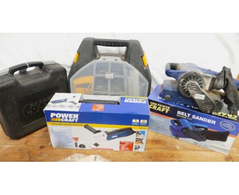 Powercraft 240v corded belt sander, Powercraft 240v corded multi tool, Powercraft 240v corded drill in Zag power tool box and