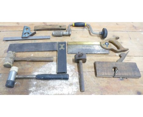 Selection of woodworking hand tools that include Tyzack Talisman tenon saw, Stanley ratchet drill, jewelers raw hide hammer e