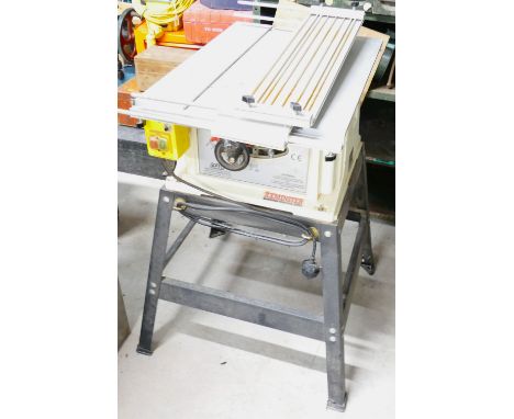 Axminster model BTS10 10" table saw on stand with extension leaves.