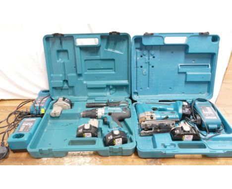 Makita MXT 6339D cordless drill with 3 14.4v batteries in box, Makita 4334D cordless jigsaw with 2 14.4v batteries and charge