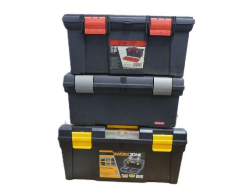 3 lightweight plastic carry tool boxes, each containing a selection of hand tools.