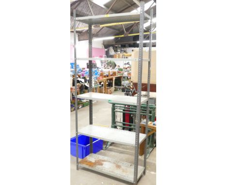 Workshop metal racking with corner angle steel legs and adjustable shelves, measuring 92cm wide, 38cm deep, 220cm high.