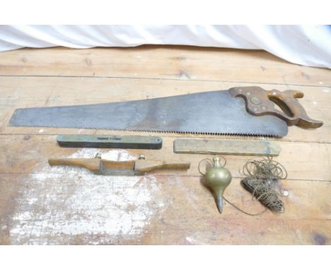 Robert Sorby antique handsaw, Preston & son spirit level, Rabone 1378 ruler, vintage brass plumb bob and vintage spoke shave.