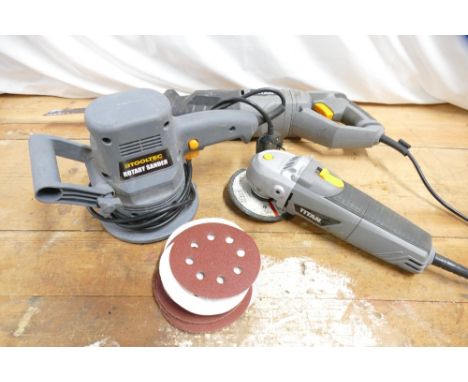 Tooltec 240v rotary sander with sanding discs, Titan corded 240v angle grinder and Titan corded 240v reciprocating saw.