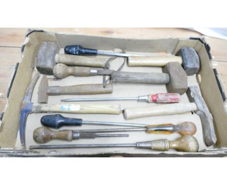 Selection of long shafted screwdrivers, 3 short handled mallets, roofing hammer, chipping hammer and brick hammer.