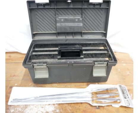 Set of 3 extra long square shaft screwdrivers and Curver toolbox containing some tools.