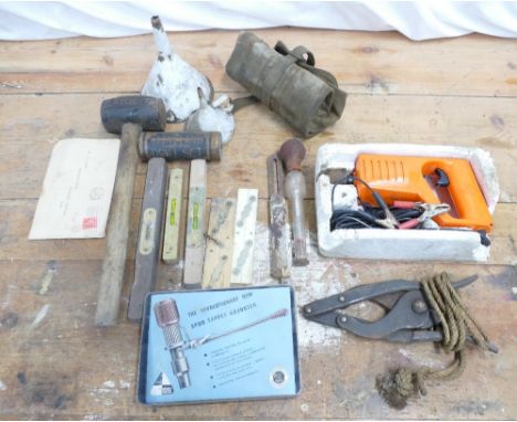 Mixed lot of vintage tools that include spirit levels, SPQR tappet adjuster, New Concept 12v drill, joinery invoices from 194