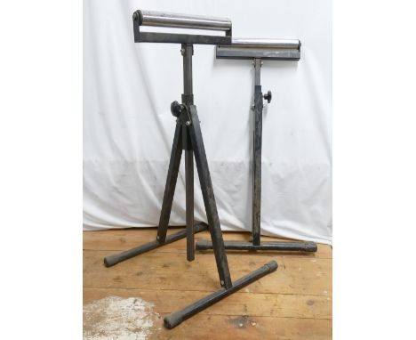 Pair of table saw outfeed roller stands with 30cm rollers, max height 116cm.