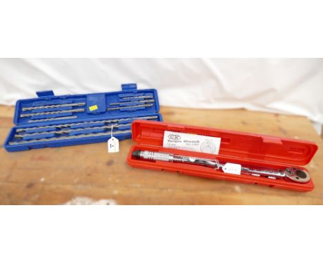 C.K. Torque wrench 1/2" drive with reversible ratchet and set of 9 SDS drill bits.