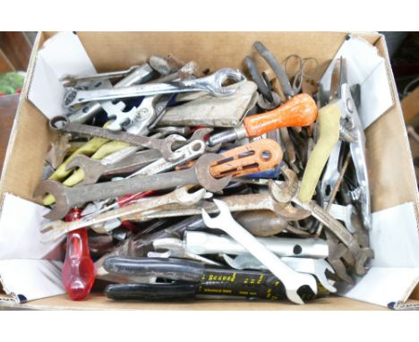 Mixeed lot of tools that include spanners, screwdrivers, box spanners etc.