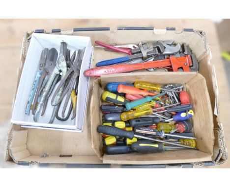 Box containing selection of tin snips, screwdrivers, hex keys, pipe wrenches etc.