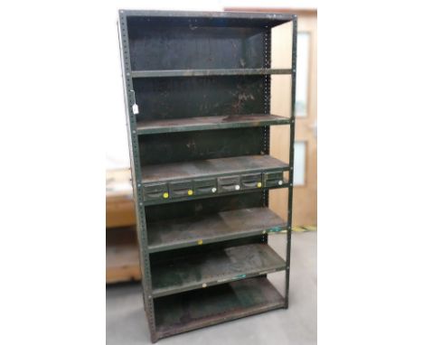 Large vintage metal industrial shelving unit with 6 shelves and 6 drawers, measuring approx 184cm high, 92cm wide, 39cm deep.