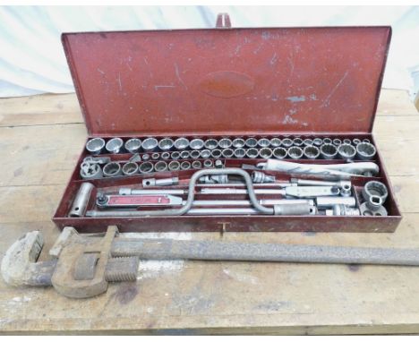 Britool engineers socket set with Britool torque wrench and heavy duty stilson pipe wrench.