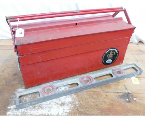 Red cantilever metal tool box containing tools and Rabone 60cm spirit level. Tool box measures 56cm wide, 22cm deep, 23cm hig