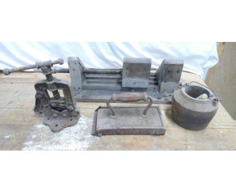 Box containing wooden legs, mitres etc, also Record no92 pipe vice, cast melting glue pot, 45 degree vice and cast iron billi