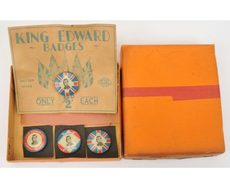 Shop Counter Display Box of Badges Commemorating the Coronation of King Edward VIII (1937). Contents: 4 x metal badges in 3 d