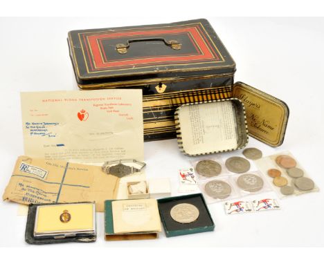A Collection of Coins, Stamps &amp; Military Memorabilia. Including: a makeup compact featuring the crest of the Royal Corps 