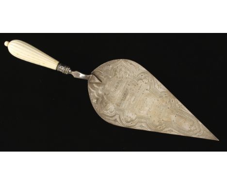 A large silver plated presentation trowel with Presented to J.F.Hargreaves Esq. on the Occasion of His Laying of the Foundati