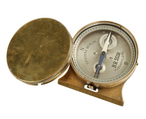 An unusual brass cased German compass by C.P.GOERZ Berlin No B.R.5538 Fussartillerie with cover G+