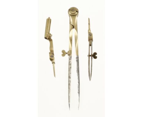 An 18c French pair of steel tipped brass dividers with 3 tools and early brass thumb screws, some discolouration to steel o/w