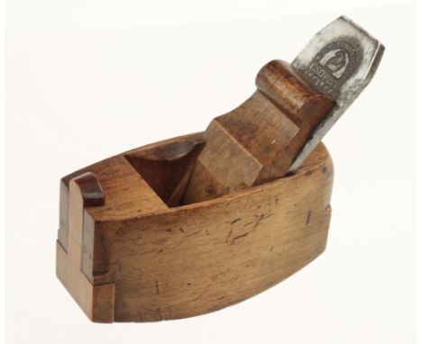 A fine miniature beech compass smoother 4 1/2" x 2" with boxwood nose adjuster and scrolled wedge G+