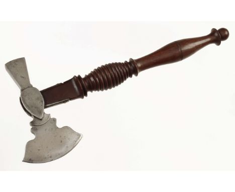 A most attractive 19c French sugar axe with probably later decoratively turned fruitwood strapped handle F