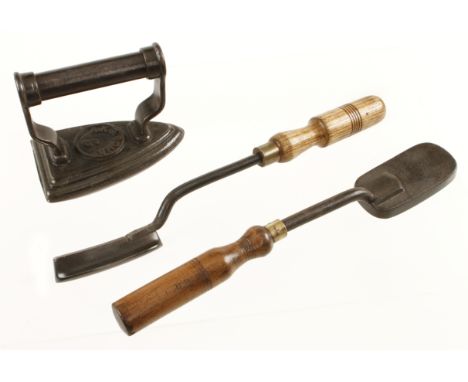 Three hatter's tools; a blistering iron, flooster iron and a spoon soled sad iron G+