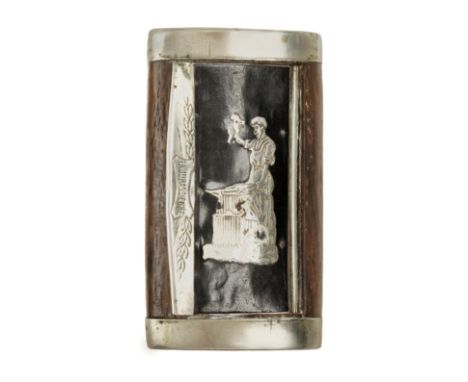 A 19c French rosewood snuff box with German silver fittings and the image of a blacksmith working at his anvil and "La Jurass