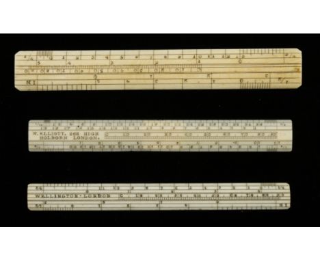 Two miniature ivory scale rules 4 1/2" long by WELLINGTON London and ELLIOTT London and another 5" unnamed F 