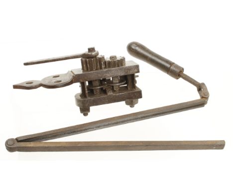 Two unusual 18c Dutch tools used in the making of stained glass windows ie. a 15" two part hinged lead mould and a machine, d