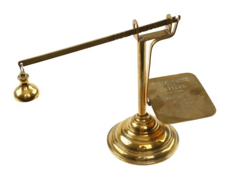 A rare 19c TURNER'S Patent brass letter scale the beam stamped STS Patent to weigh 1/4 to 8 oz on weighted base 7"h. G++