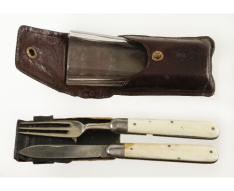 An unusual ivory scaled shut knife and folding fork compendium with glass beaker in fitted leather case G++