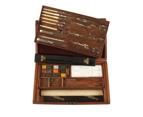 An early surveyors German silver drawing set with 6 ivory handled pens c/w set of paints beneath and boxwood curves under, al