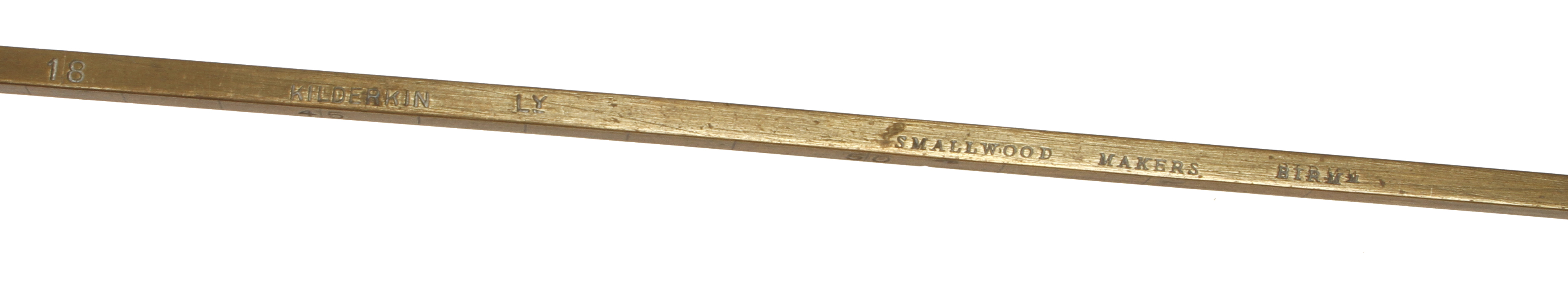 A slender 33" brewers brass dip rod by SMALLWOOD with Firkins Hogsh'd