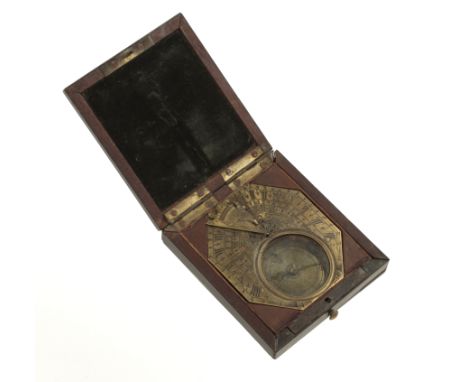 A rare 17/18c French Butterfield type brass sundial with compass and folding gnomon by N. BION Paris (1652-1723) who became E