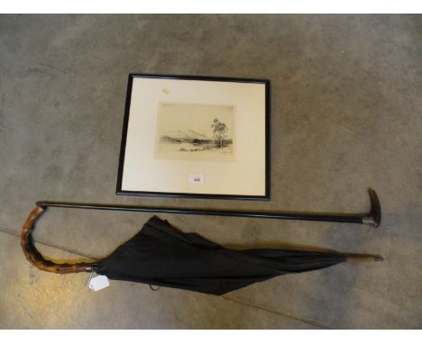 Gents Umbrella, Walking Stick and an Etching of Loch Achray by James McCardle
