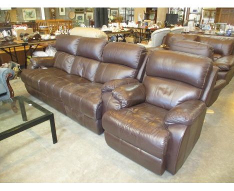 Brown Leather Manual Reclining Settee and Chair