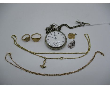 Two 9ct Gold Rings, 9ct Golf Chain with Pendant, total 15g, Another Chain, Silver Pendant and a Pocket Watch with Chain