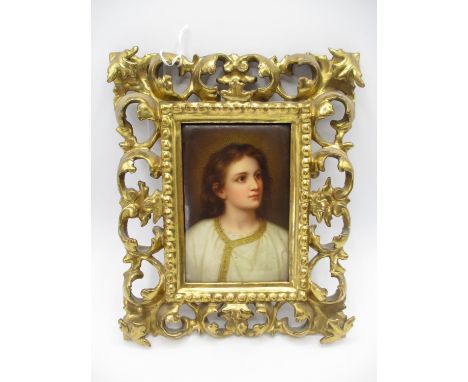 Victorian Heubach Porcelain Hand Painted Plaque of a Half Height Portrait within a Foliate Gilt Wood Frame, 12x8cm, indistinc