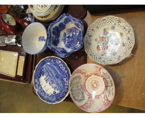 Victorian Sunderland Lustre Pottery Bowl (cracked), Pierced Porcelain Bowl and Blue and White Ceramics
