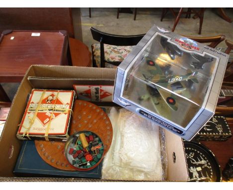 Box with Vintage Monopoly, Solitaire, Model Fighter Plane, Linen etc