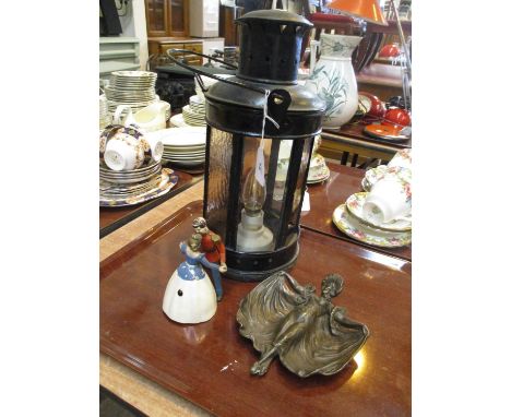 Cast Metal Female Figure Dish, Clockwork Dancing Couple and a Lantern Fitted Electric