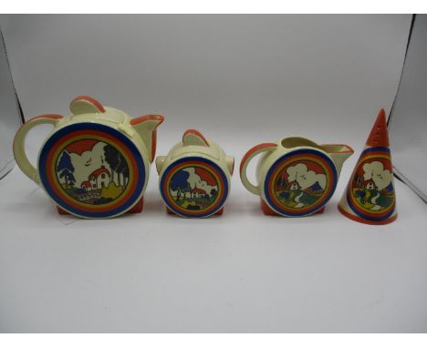 Moorland Chelsea Works Burslem Teapot, Sugar and Cream and a Conical Caster