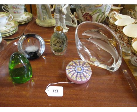 Chinese Glass Snuff Bottle, 3 Paperweights and Glass Dolphin Intaglio Moulded Sculpture
