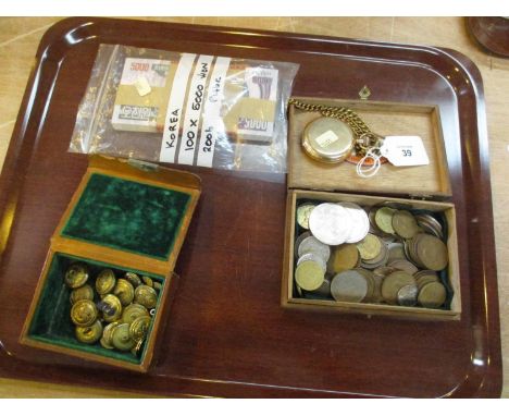 Gold Plated Hunter Case Pocket Watch with Chain, Military Buttons, Coins and Korean Bank Notes