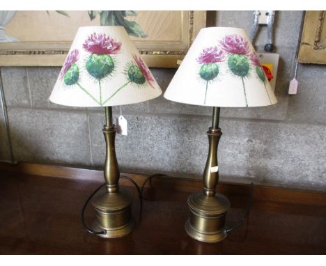 Pair of Brass Pillar Table Lamps with Fiona Haddow Painted Shades