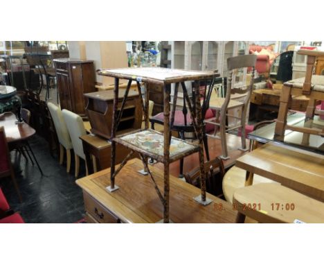 A Victorian bamboo table with tapestry panels